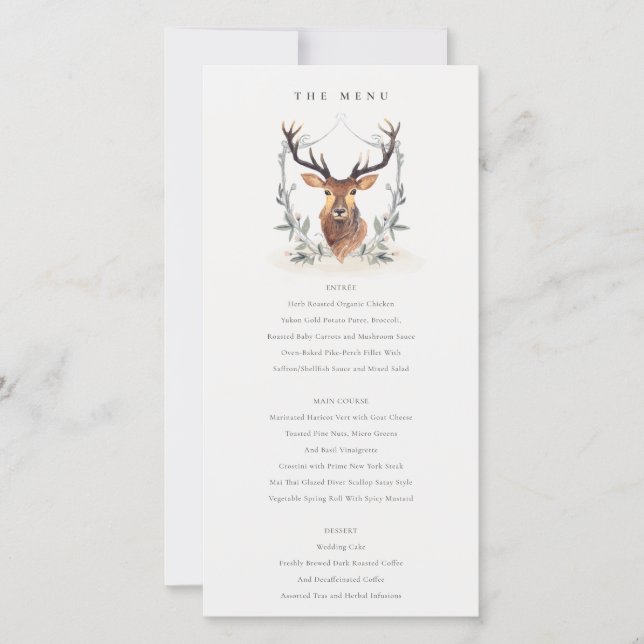 Cute Dusky Deer Floral Escudo Boda Tarjeta de menú (Anverso)