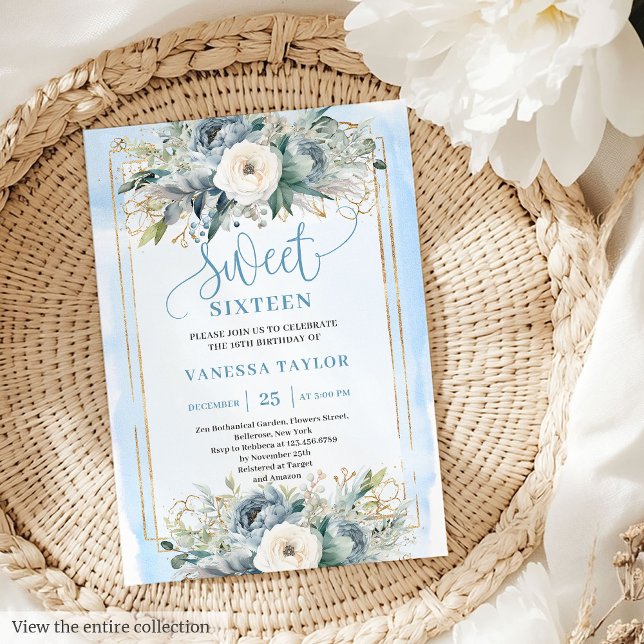 Cute Dusty Blue Peonies Sweet 16 Invitación (Cute Dusty Blue White Peonies Sweet 16 Invitation)