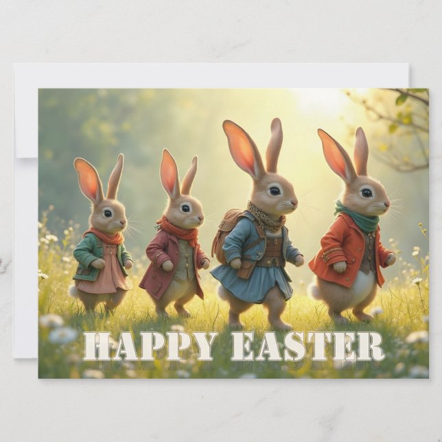 Cute Easter Bunnies Walking in Spring Meadow (Anverso)