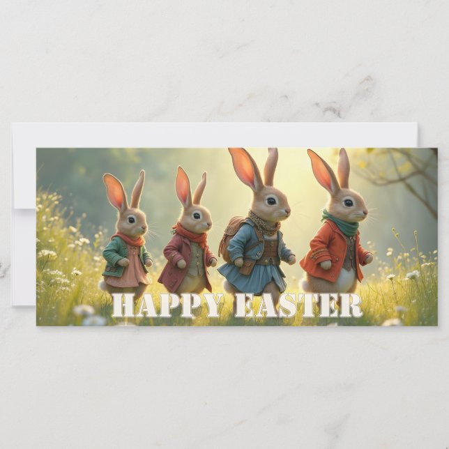 Cute Easter Bunnies Walking in Spring Meadow (Anverso)
