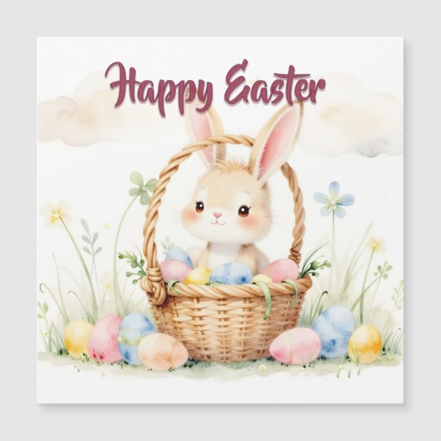 Cute Easter Bunny in Basket with Colorful Eggs (Anverso)