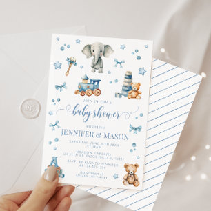 Cute elefante azul juguetes bebé invitación a la d