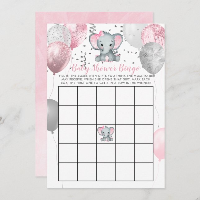 Cute Elephant Chica Balloons Tarjeta de Bingo Baby (Anverso / Reverso)