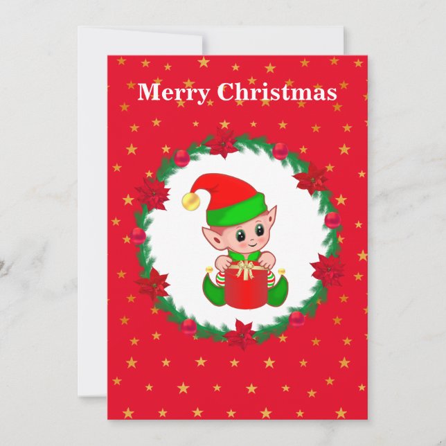 Cute elfo de Navidad, corona de pino y estrellas (Anverso)
