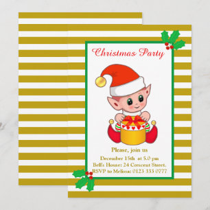 Cute Elfo de Navidad en Invitación Dorada y Blanca