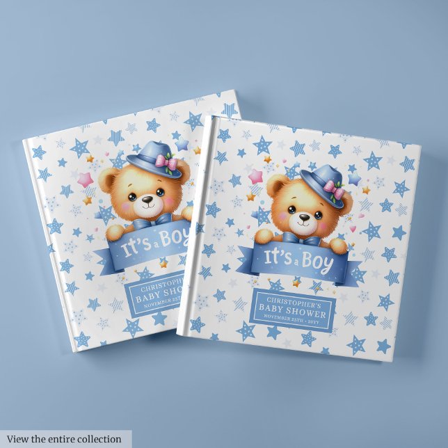 Cute Es un niño con un oso de peluche con un libro (Cute It’s a boy teddy bear baby shower guest book)