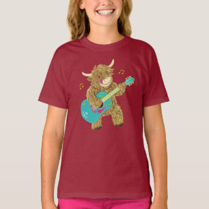 Cute escocés Highland Cow toca camiseta de guitarr