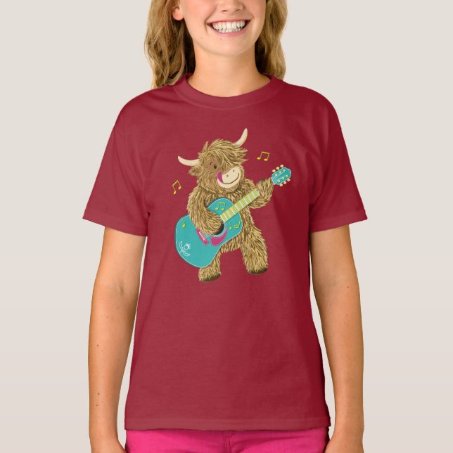 Cute escocés Highland Cow toca camiseta de guitarr (Anverso)