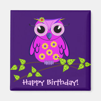 Cute feliz imán de cumpleaños con lechuza rosa