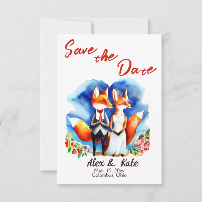 Cute Fox Couple Wedding Save the Date Invitación (Anverso)