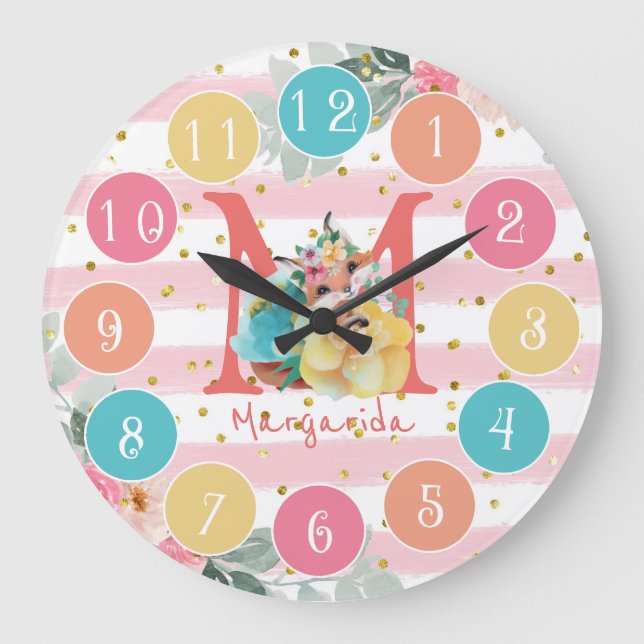 Cute Fox Ilustracion Sweet Monograma Gran Reloj (Anverso)