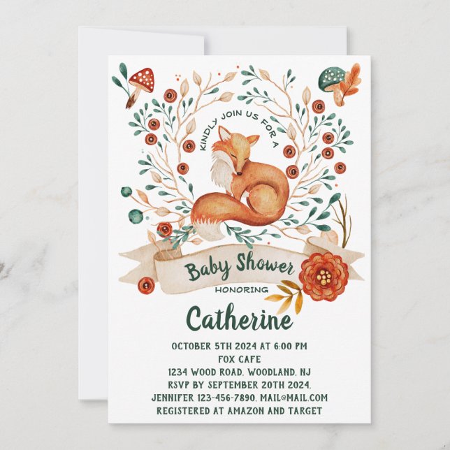 Cute fox woodland ducha de bebé floral Invitación (Anverso)