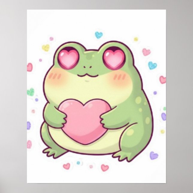 Cute Frog Sosteniendo Póster de Corazón Kawaii Fro (Frente)