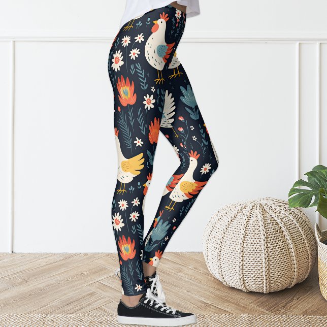 Cute Fun Navy Blue Floral Chicken Hen Leggings (Subido por el creador)