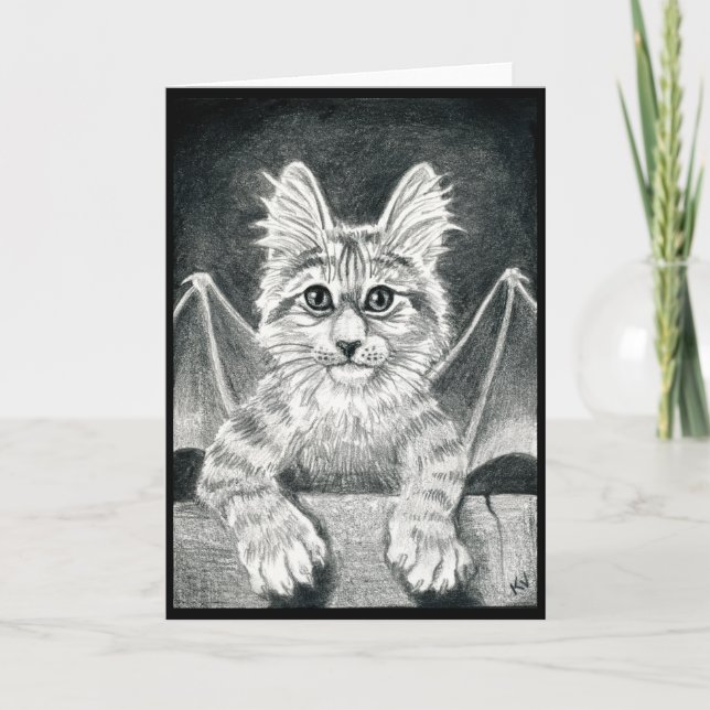 Cute Gargoyle Cat tarjeta Halloween blanco negro (Anverso)