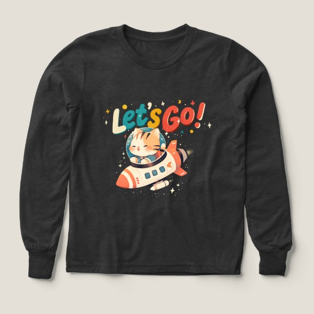 Cute gato astronauta montando cohete en el espacio (Diseño frontal)