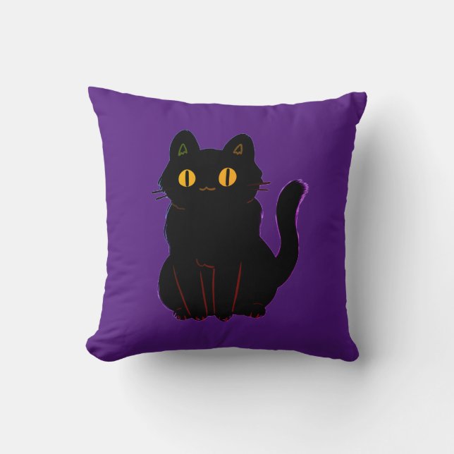 Cute gato negro en Cojín decorativo morado (Anverso)
