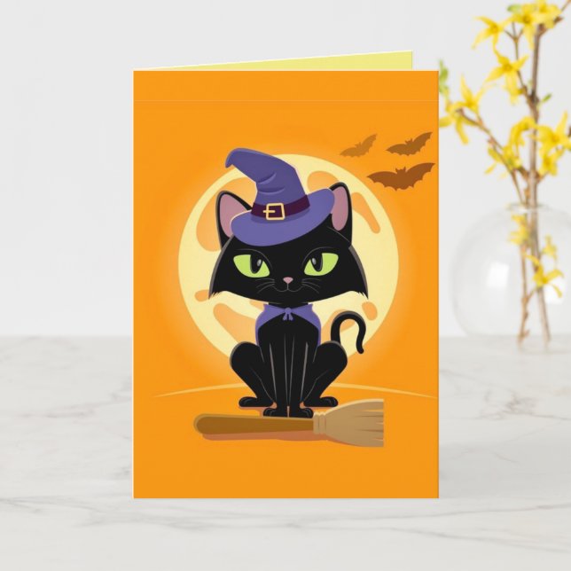 Cute gato negro en la escoba Tarjeta Halloween (flor amarilla)