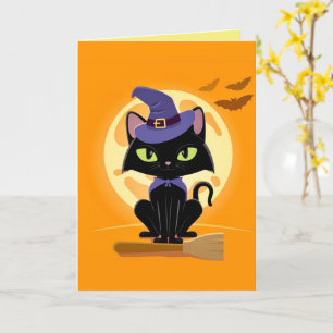 Cute gato negro en la escoba Tarjeta Halloween