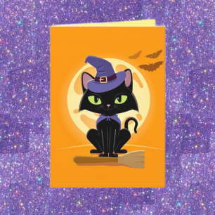 Cute gato negro en la escoba Tarjeta Halloween