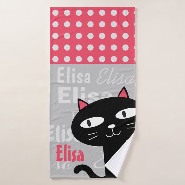 Cute gato negro rosado puntos de polka agregar tu  (Toalla de baño)