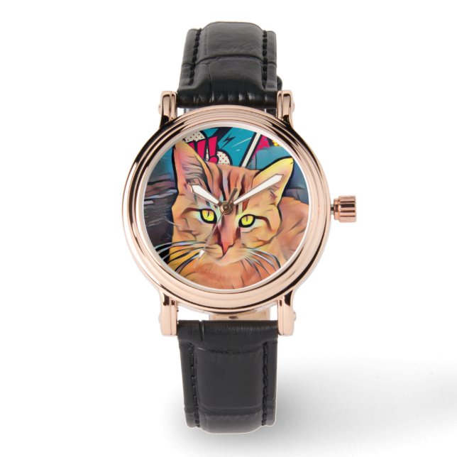 Cute gato reloj femenino de cuero negro (Anverso)