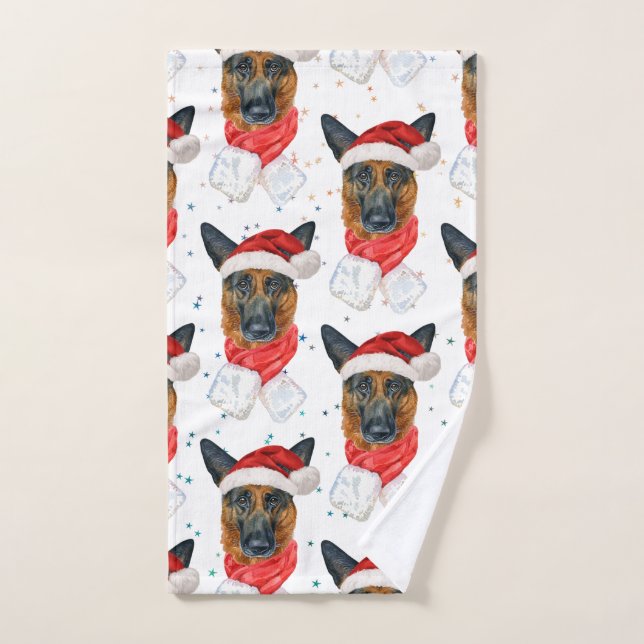 Cute German Shepherd Dog Christmas Pattern (Toalla de mano)