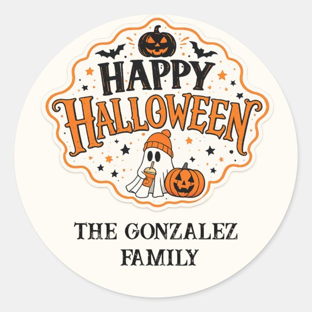 Cute Ghost Happy Halloween Calcomanía Familiar (Anverso)