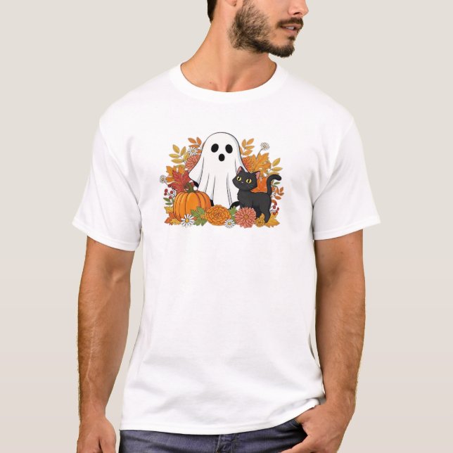 Cute Ghost y Black Cat Camiseta Clásica (Anverso)