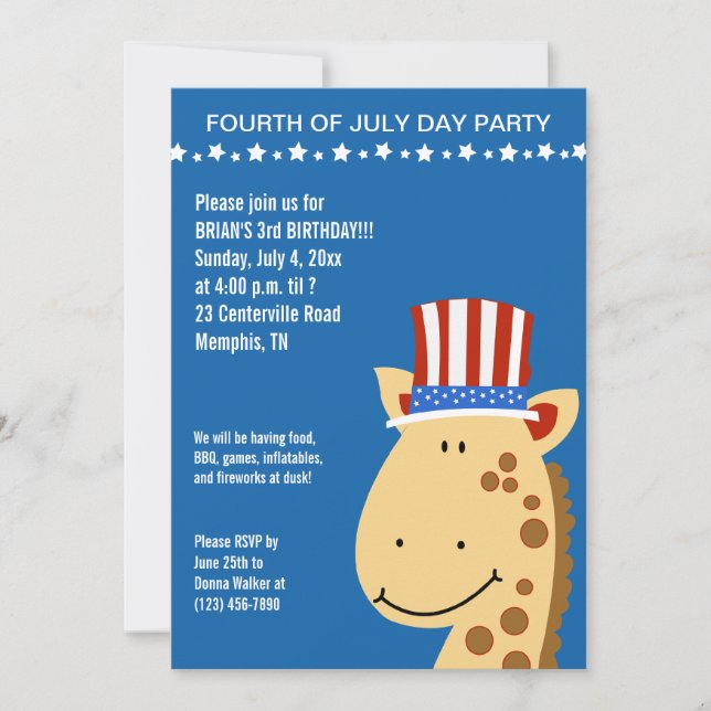 Cute Giraffe 4 de julio Invitación a cumpleaños (Anverso)