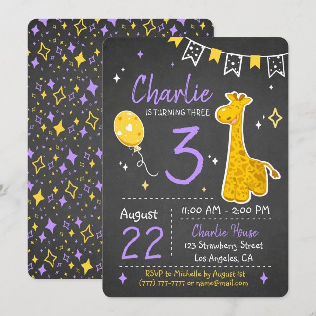 Cute Giraffe | Invitación a la pizarra de cumpleañ (Anverso / Reverso)