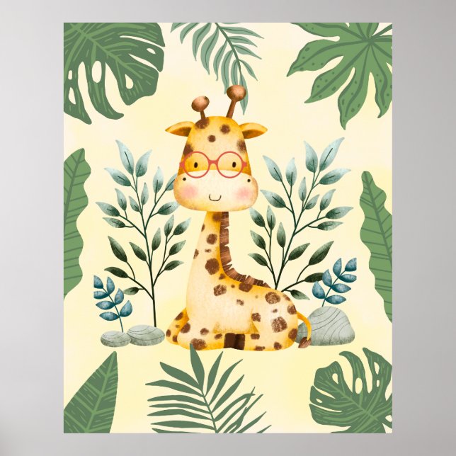 Cute Giraffe Jungle Glasses Póster Decoración Guar (Frente)