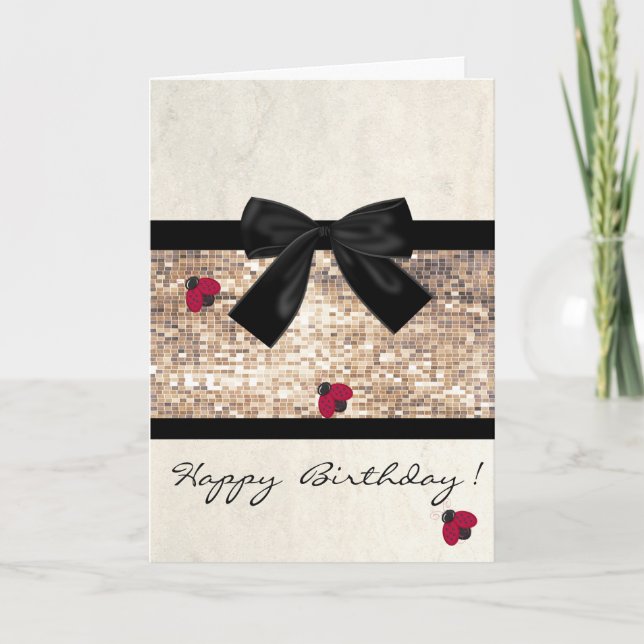 Cute Girly Ladybugs, Sequins, Bow, Tarjeta de cump (Anverso)