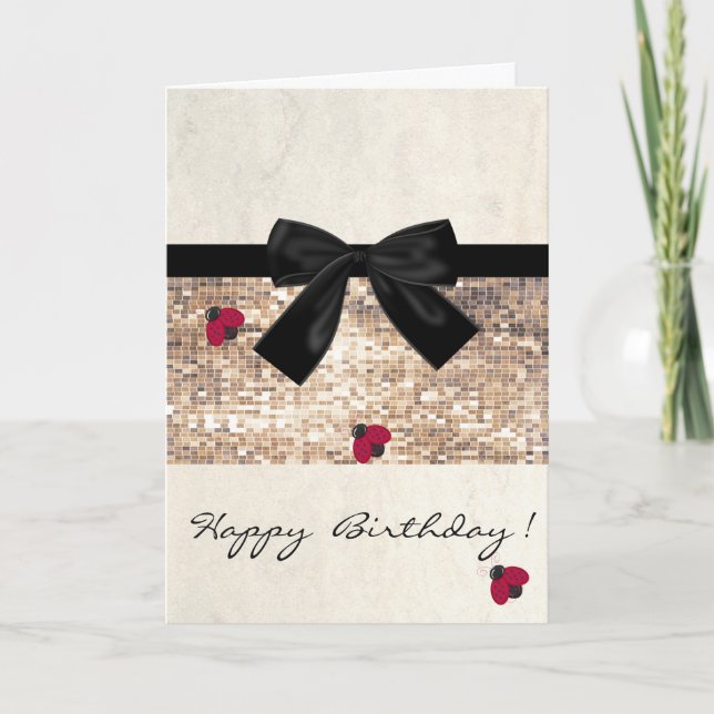 Cute Girly Ladybugs, Sequins, Bow, Tarjeta de cump (Anverso)