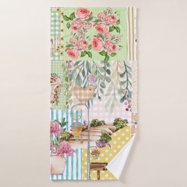 Cute girly pastel background floral collage art (Toalla de baño)