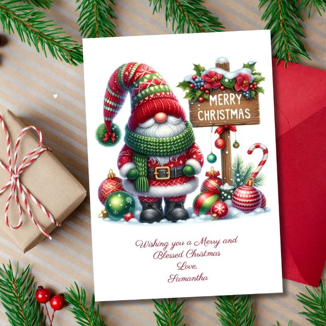 Cute Gnome Santa Claus Navidades tarjeta de vacaci (Gnome Santa Christmas Holiday Card. Personalize it with your message)