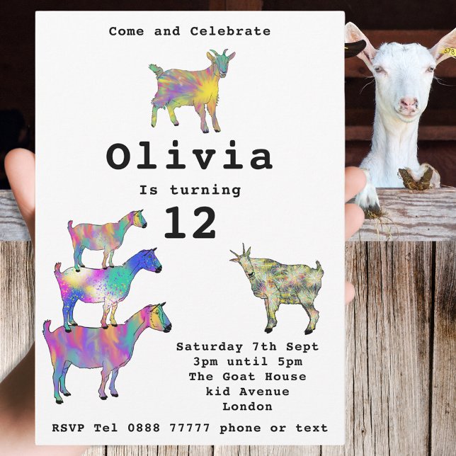 Cute Goats Girls Fiesta de cumpleaños colorida (Cute goats colorful farm animal art 12th birthday party invitation)