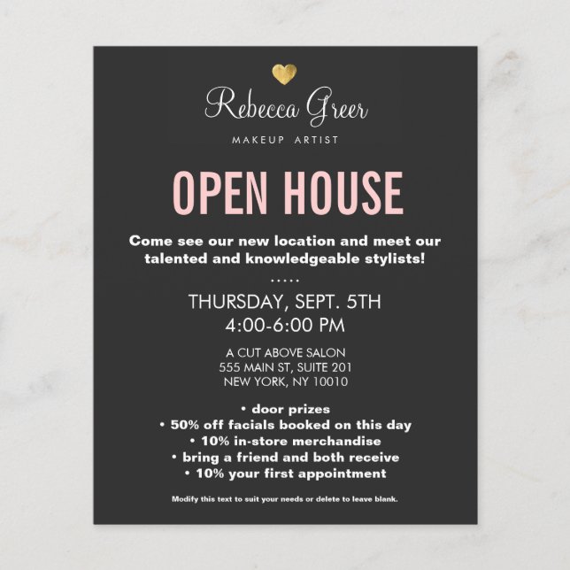 Cute Gold Heart Black Beauty Salon Open House Menú (Frente)