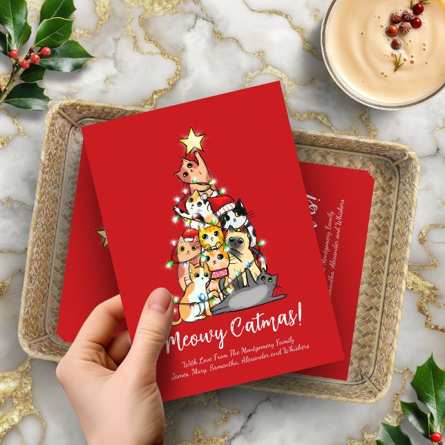 Cute Gracioso Meowy Catmas Cat Árbol de Navidad (Cute Funny Meowy Catmas Cat Christmas Tree Holiday Card)