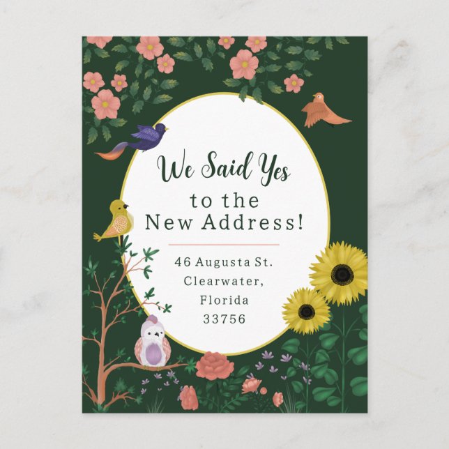 Cute Green Floral Birds New Address Invitación (Anverso)