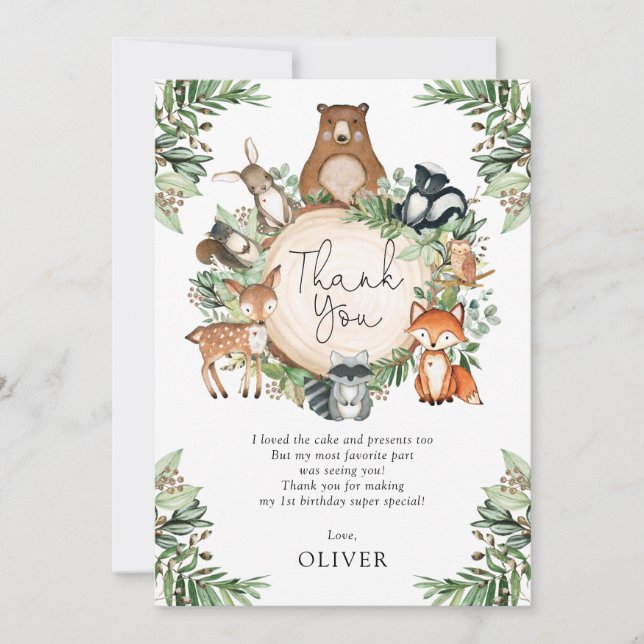 Cute Greenery Woodland Baby Animals Gracias Tarjet (Anverso)