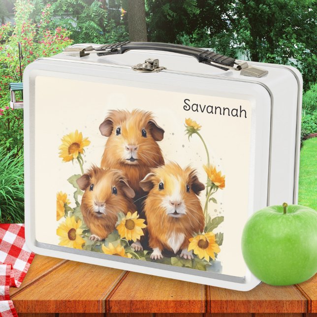 Cute Guinea Flores de cerdo Mascota animal tema de (A personalized metal lunch box with watercolor-style illustration of three cute guinea pigs)