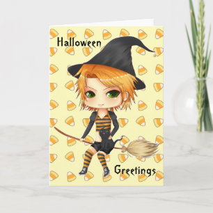 Cute Halloween bruja chibi tarjeta para tu texto