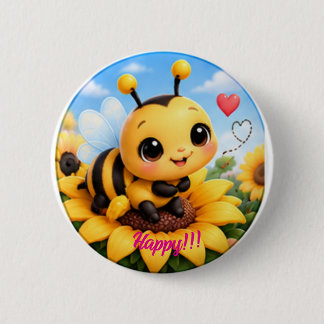 Cute Happy Bumblebee en girasol 3 pulgadas botón r