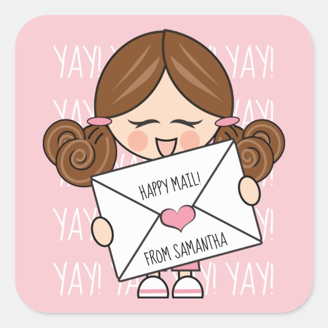 Cute Happy Mail Brown Chica de pelo rosado Sello d (Anverso)