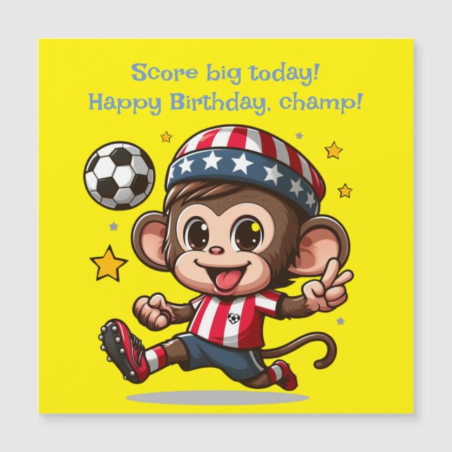 Cute Happy Monkey Soccer Player Magnética Card (Anverso)