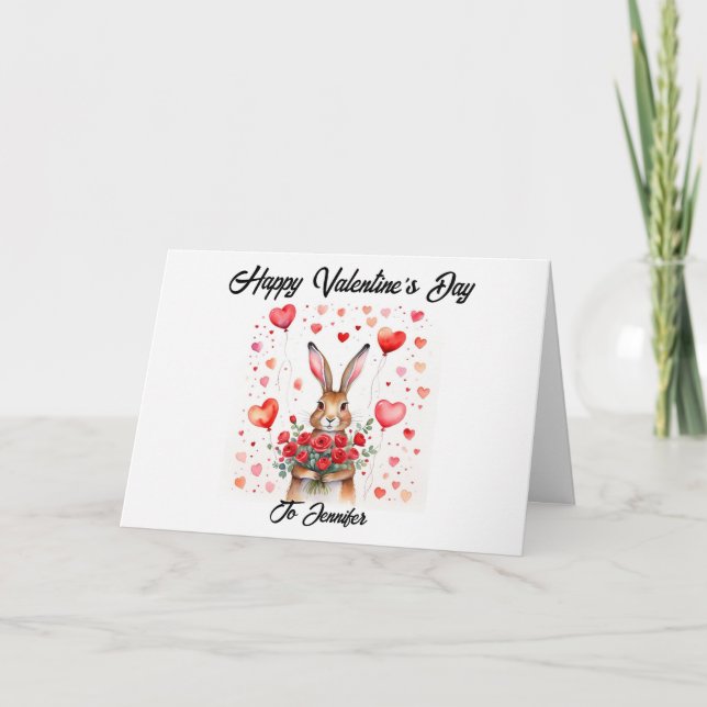 Cute Hare con corazones Tarjeta de San Valentín (Anverso)