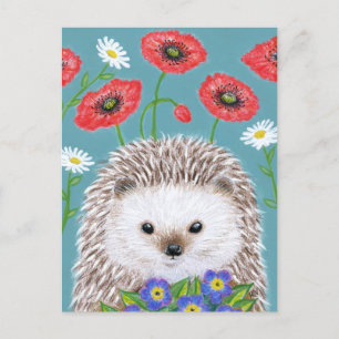 Cute Hedgehog con postal Spring Flowers