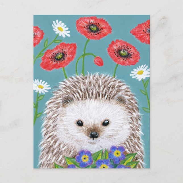 Cute Hedgehog con postal Spring Flowers (Anverso)