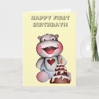 Cute Hippo Primera Tarjeta de Cumpleaños